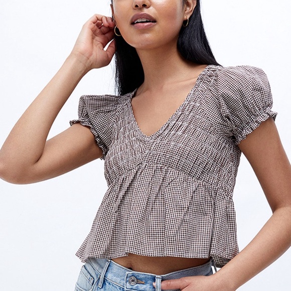 PACSUN PLAID BROWN-WHITE BABY DOLL TOP WITH PUFFY SLEEVES (size small) - Picture 1 of 3
